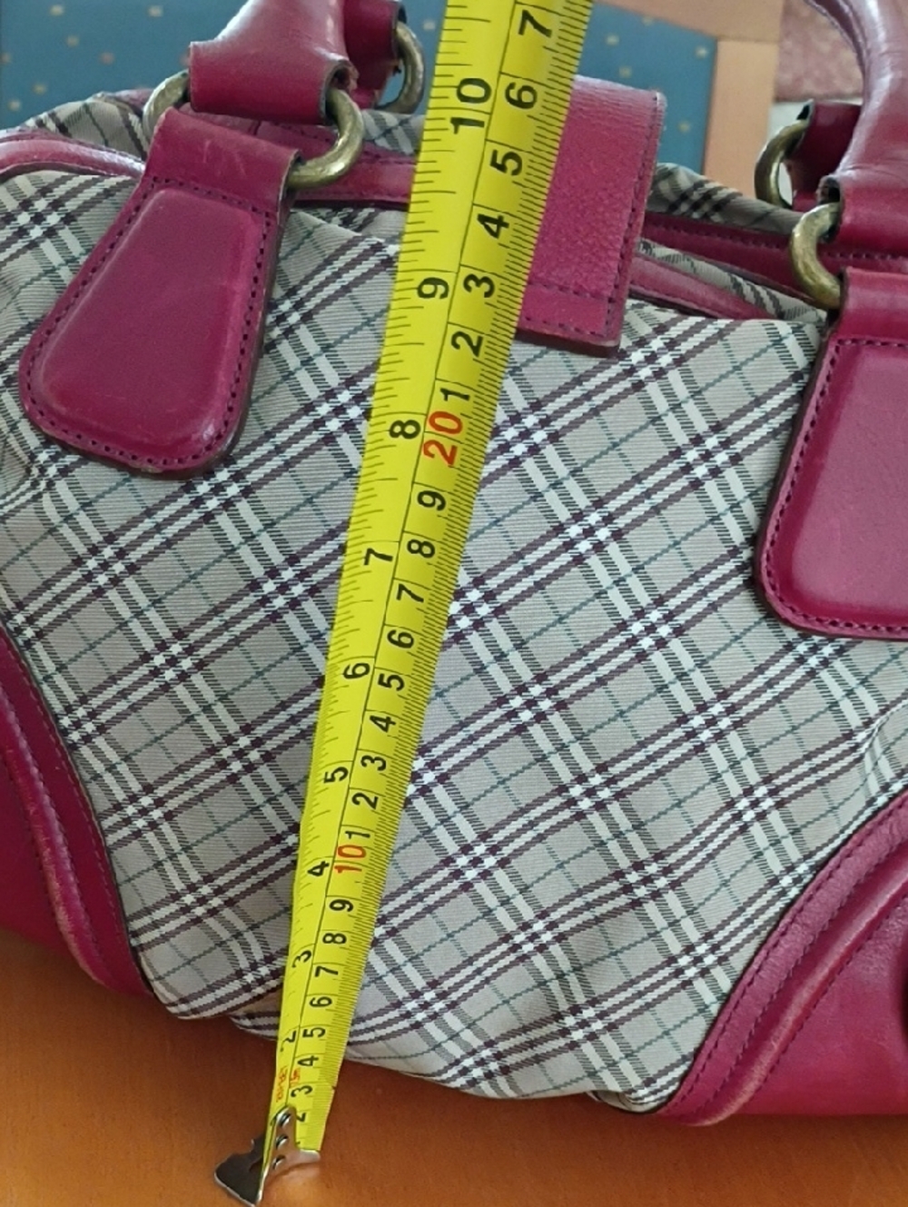 Burberry Blue Label  Beige Plaid Satchel with Red Leather Trim - Picture 5 of 12